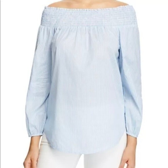 Michael Kors Wilson Blue Stripe Off the Shoulder Peasant Blouse Medium - Picture 5 of 10